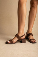 IRIS - Low Block Heel Sandals Ankle Strap - Brown Suede