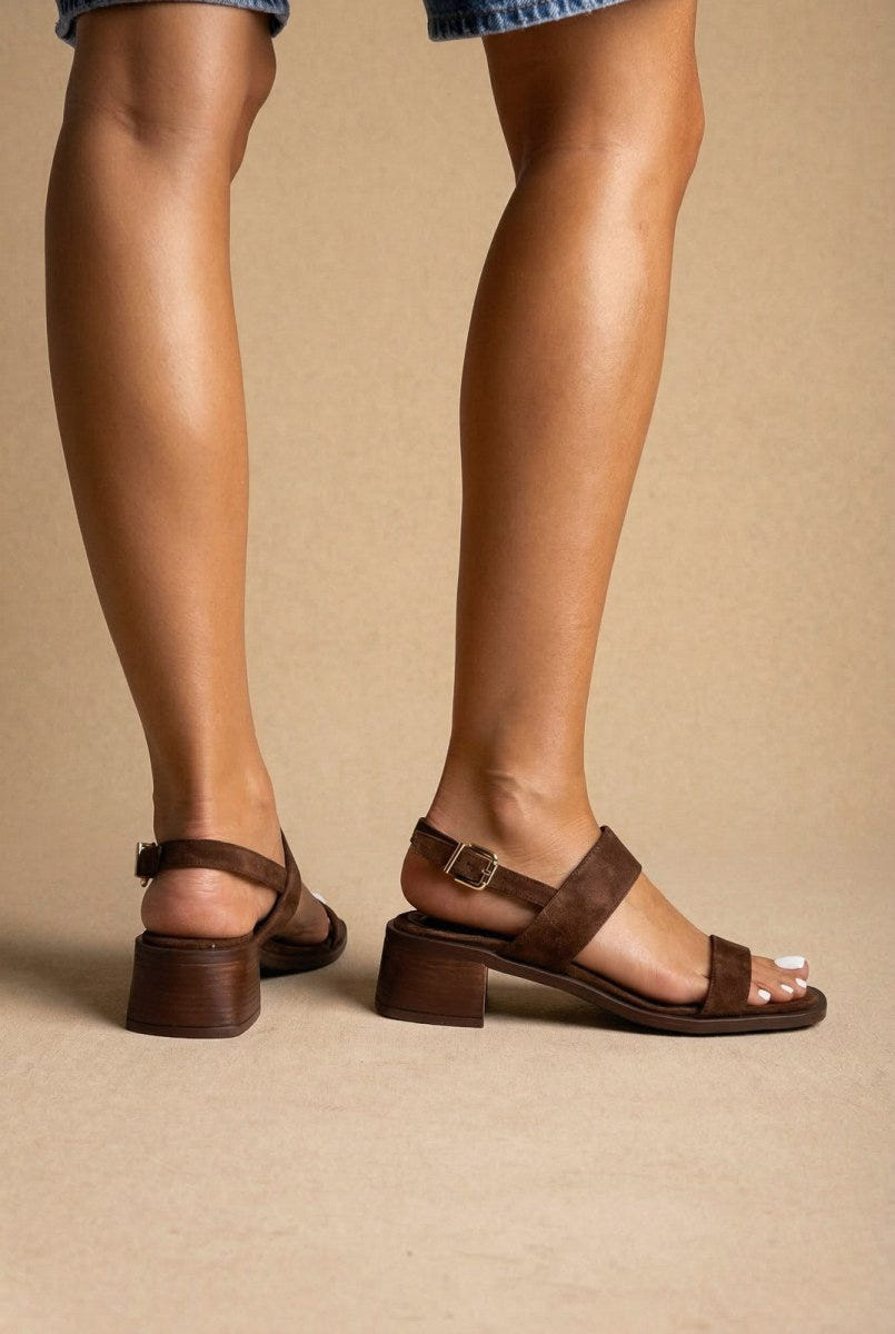 IRIS - Low Block Heel Sandals Ankle Strap - Brown Suede