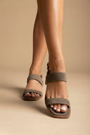IRIS - Low Block Heel Sandals Ankle Strap - Olive Suede