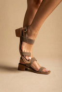 IRIS - Low Block Heel Sandals Ankle Strap - Olive Suede