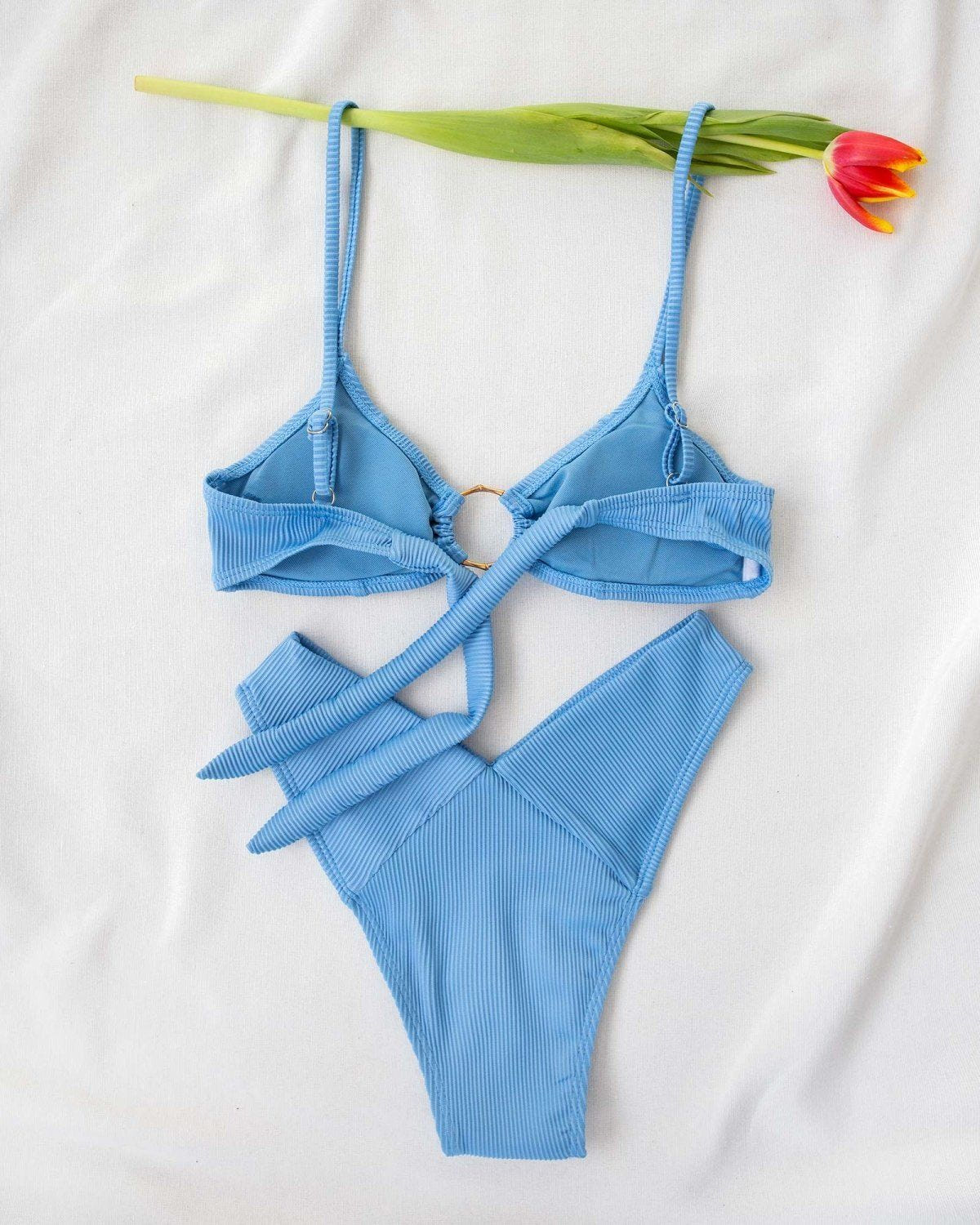 Μαγιό ριπ μπικίνι με V slip και κρίκο - Γαλάζιο - thefashionproject.gr - The Fashion Project