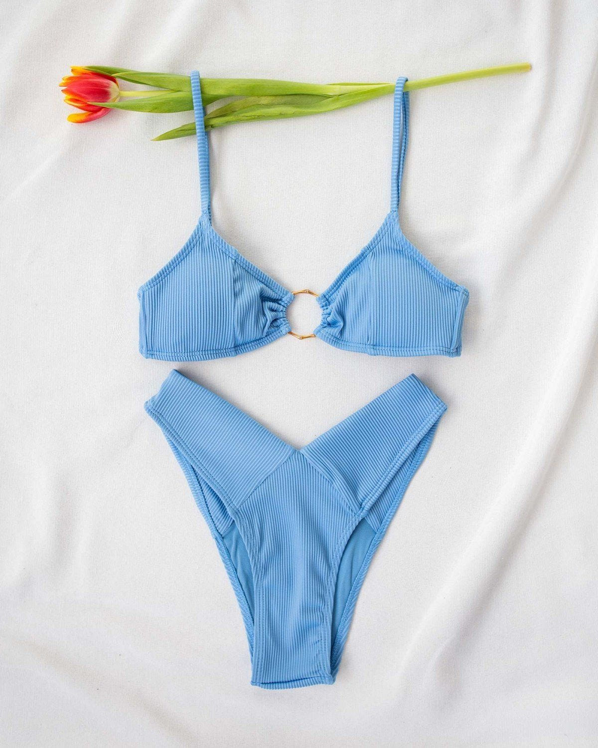 Μαγιό ριπ μπικίνι με V slip και κρίκο - Γαλάζιο - thefashionproject.gr - The Fashion Project