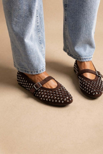 BOTEGGA 22 - Mary Jane Ballet Flats Rhinestone - Brown Suede