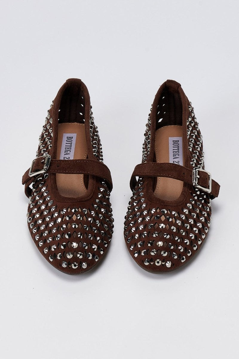 BOTEGGA 22 - Mary Jane Ballet Flats Rhinestone - Brown Suede