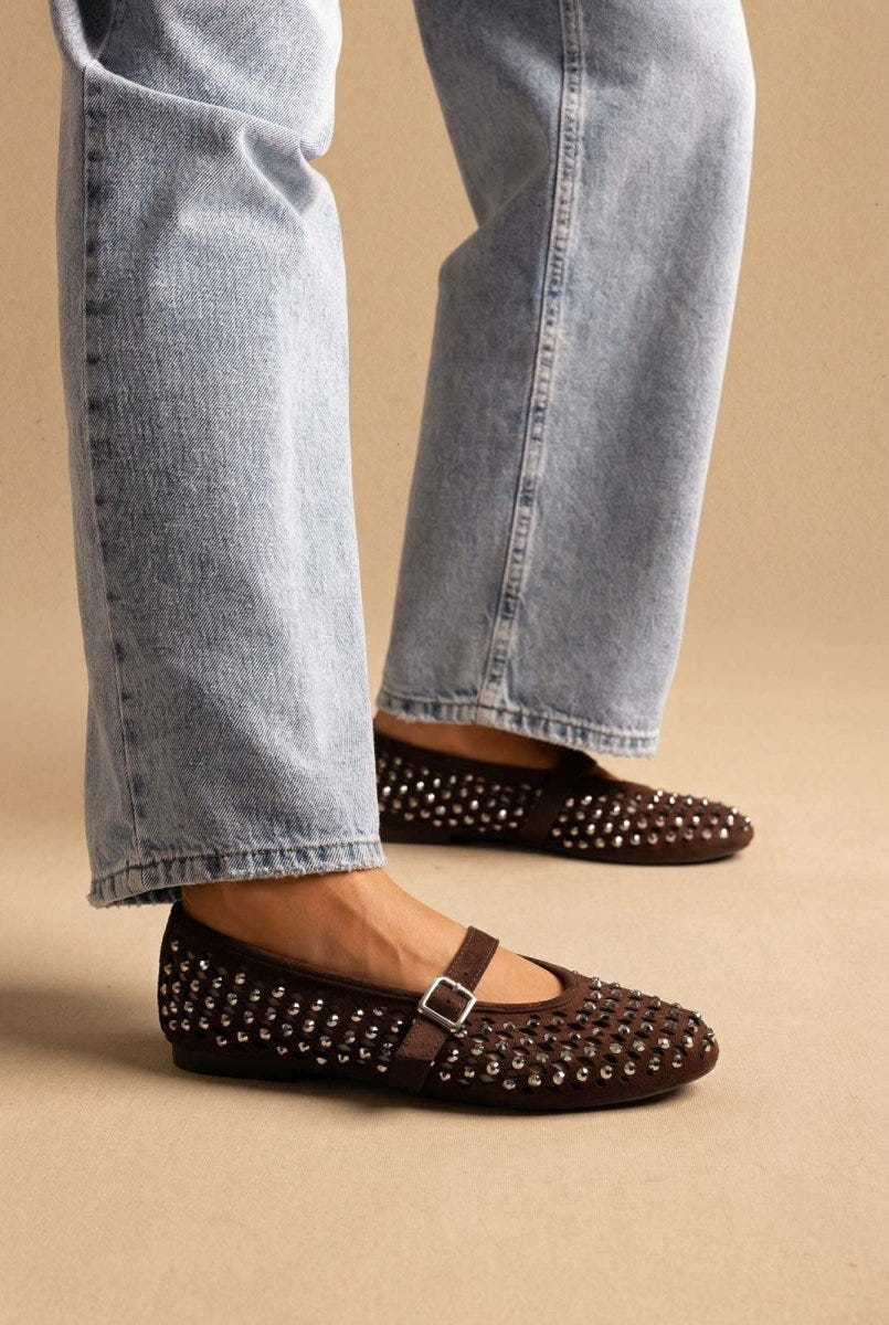 BOTEGGA 22 - Mary Jane Ballet Flats Rhinestone - Brown Suede