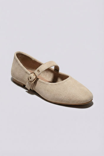 Ideal shoes - Mary Jane Ballet Flats With Buckle - Beige Suede