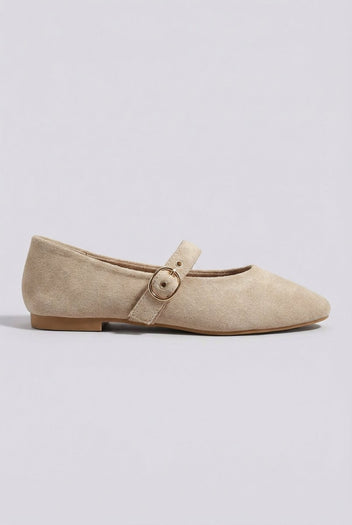 Ideal shoes - Mary Jane Ballet Flats With Buckle - Beige Suede