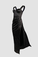 The Fashion Project - Maxi Satin Dress Side Slit - Black Satin