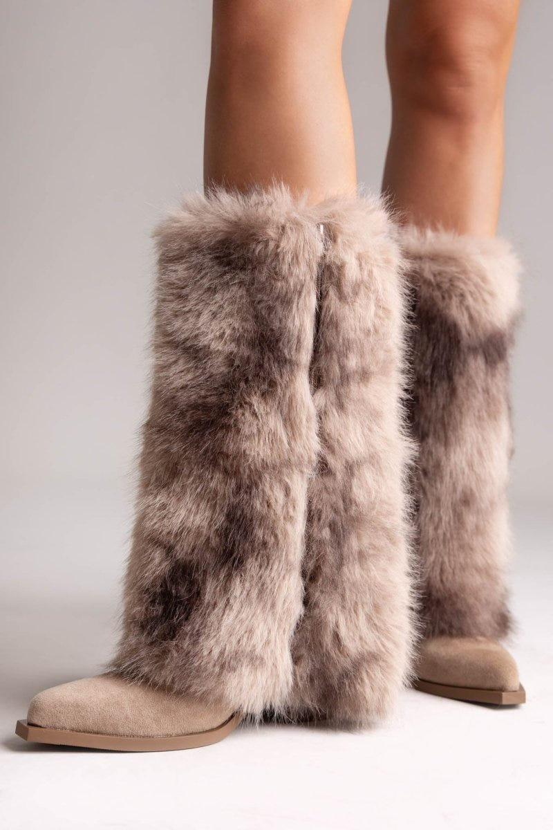 Mid Calf Cowboy Boots Block Heel - Taupe Suede - thefashionproject.gr - MARQUIIZ