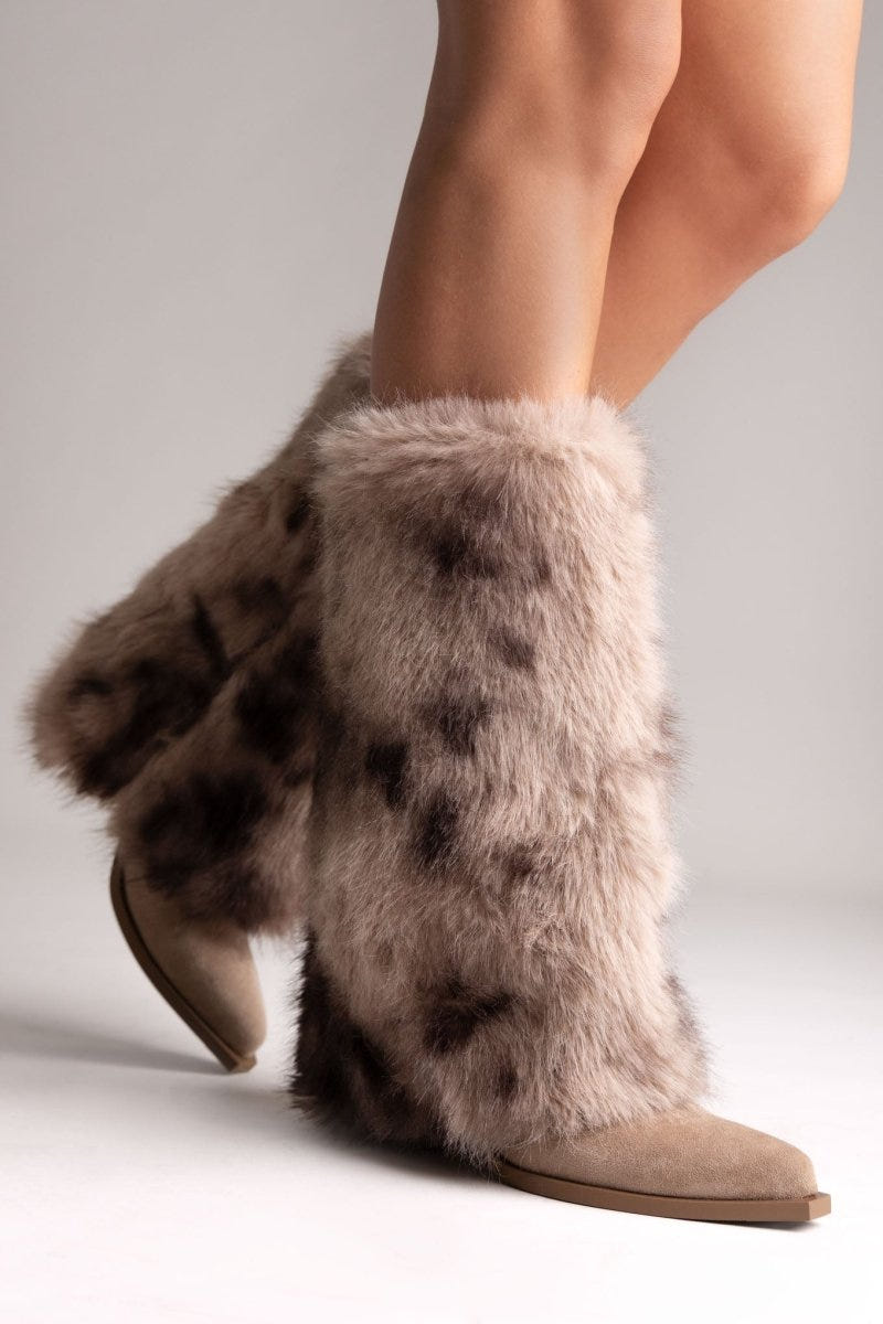 Mid Calf Cowboy Boots Block Heel - Taupe Suede - thefashionproject.gr - MARQUIIZ