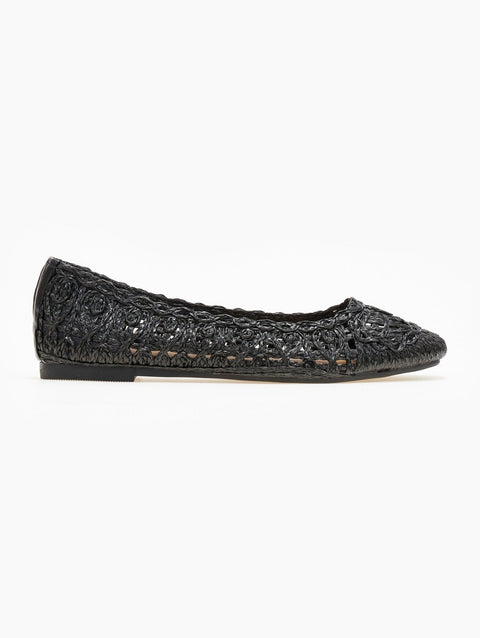 Straw Woven Ballerinas - Black