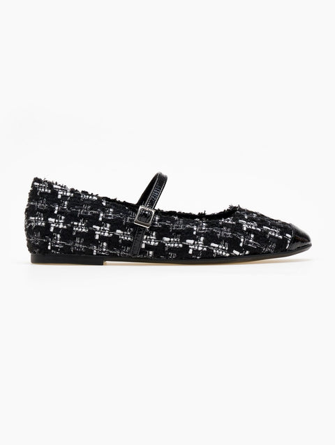 Tweed Ballerinas mit Riemchen – Schwarz