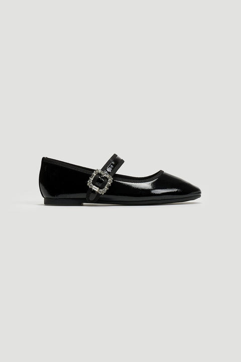 Patent Ballerina Flats with Strap - Black