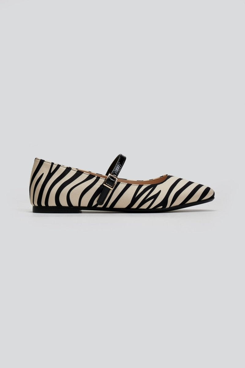 Μπαλαρίνες Mary Jane σατέν με print TFP - Μπεζ/Μαύρο - thefashionproject.gr - TFP