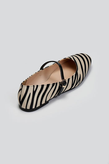 Μπαλαρίνες Mary Jane σατέν με print TFP - Μπεζ/Μαύρο - thefashionproject.gr - TFP