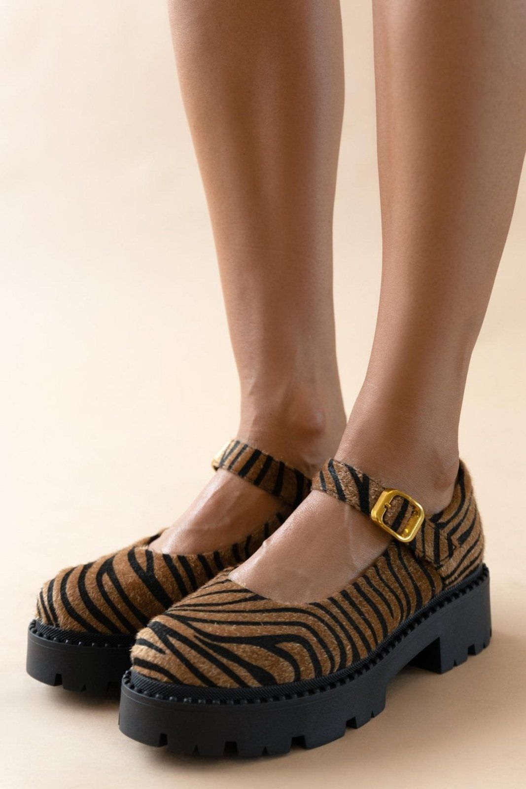 Μπαλαρίνες Mary Janes chunky από συνθετικό ponyskin TFP - Μαύρο/Μπεζ - thefashionproject.gr - TFP