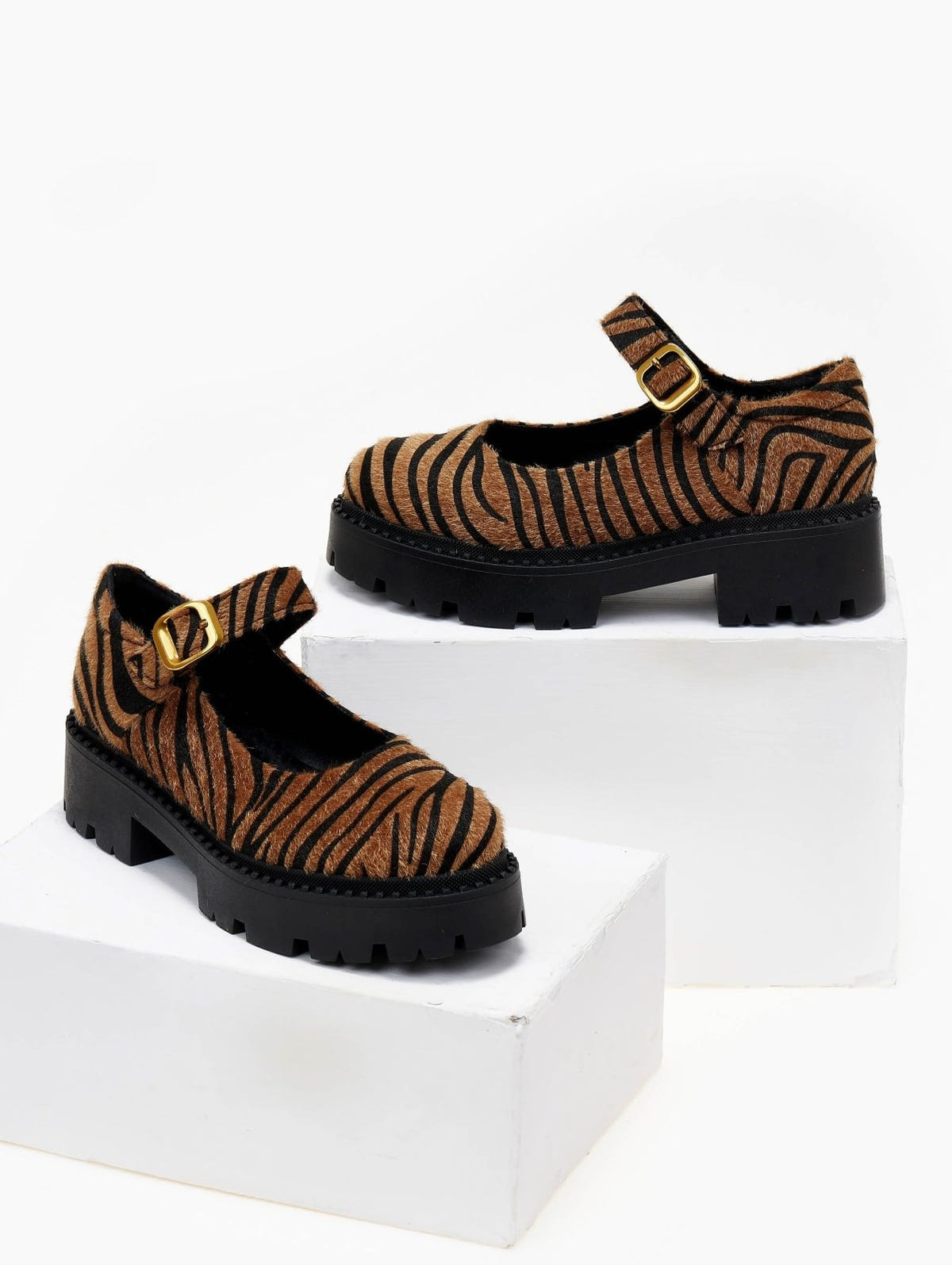 Μπαλαρίνες Mary Janes chunky από συνθετικό ponyskin TFP - Μαύρο/Μπεζ - thefashionproject.gr - TFP