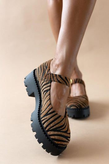 Μπαλαρίνες Mary Janes chunky από συνθετικό ponyskin TFP - Μαύρο/Μπεζ - thefashionproject.gr - TFP