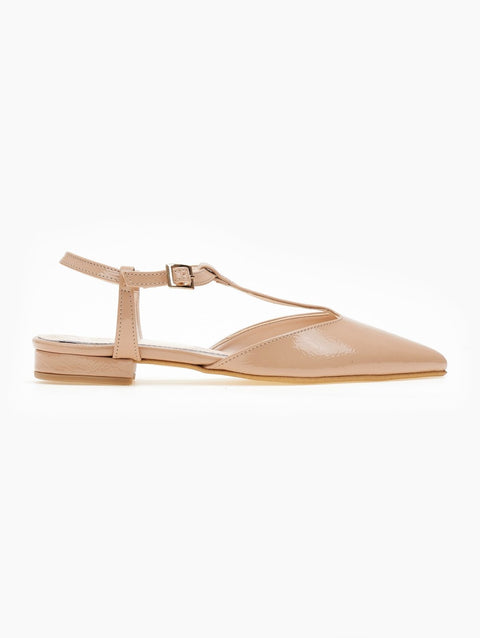 Patent Pointed Ballerinas Ankle Strap - Biscuit
