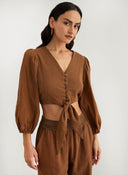 Μπλούζα crop με κουμπιά και δέσιμο - Καφέ - thefashionproject.gr - The Fashion Project