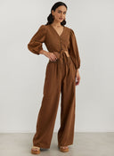 Μπλούζα crop με κουμπιά και δέσιμο - Καφέ - thefashionproject.gr - The Fashion Project