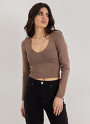 Μπλουζάκι με v cut λαιμόκοψη - Καφέ - thefashionproject.gr - The Fashion Project