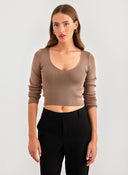 Μπλουζάκι με v cut λαιμόκοψη - Καφέ - thefashionproject.gr - The Fashion Project