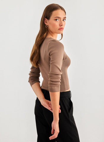 Brown fitted long sleeve ribbed knit top with V-neck, side and back view worn on model