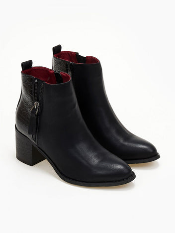 Pair of black ankle boots with croc embossed back panel, side zip and block heel, front three-quarter view