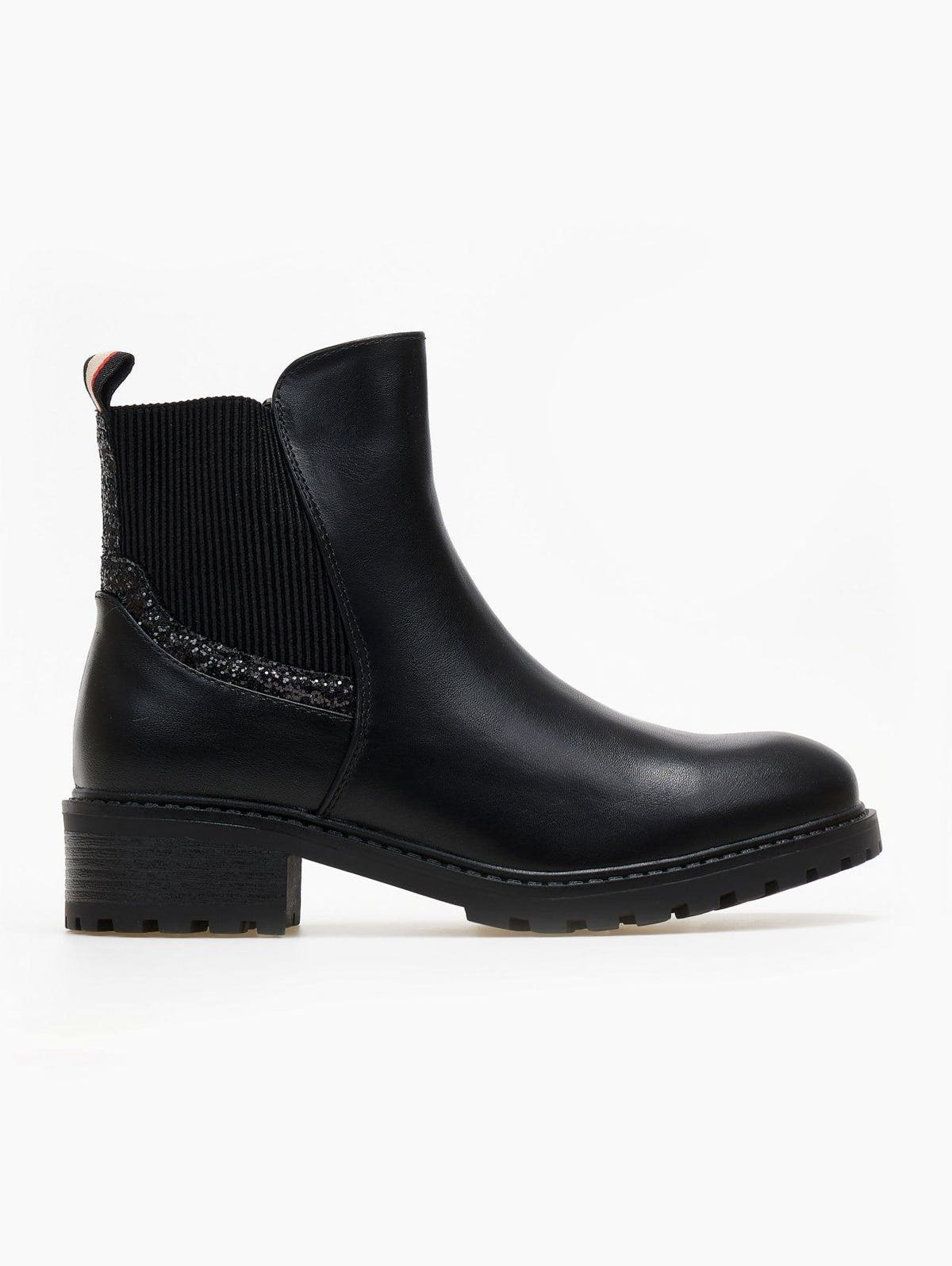 Black faux leather Chelsea ankle boot with ribbed elastic gusset, glitter trim and lugged sole, side view