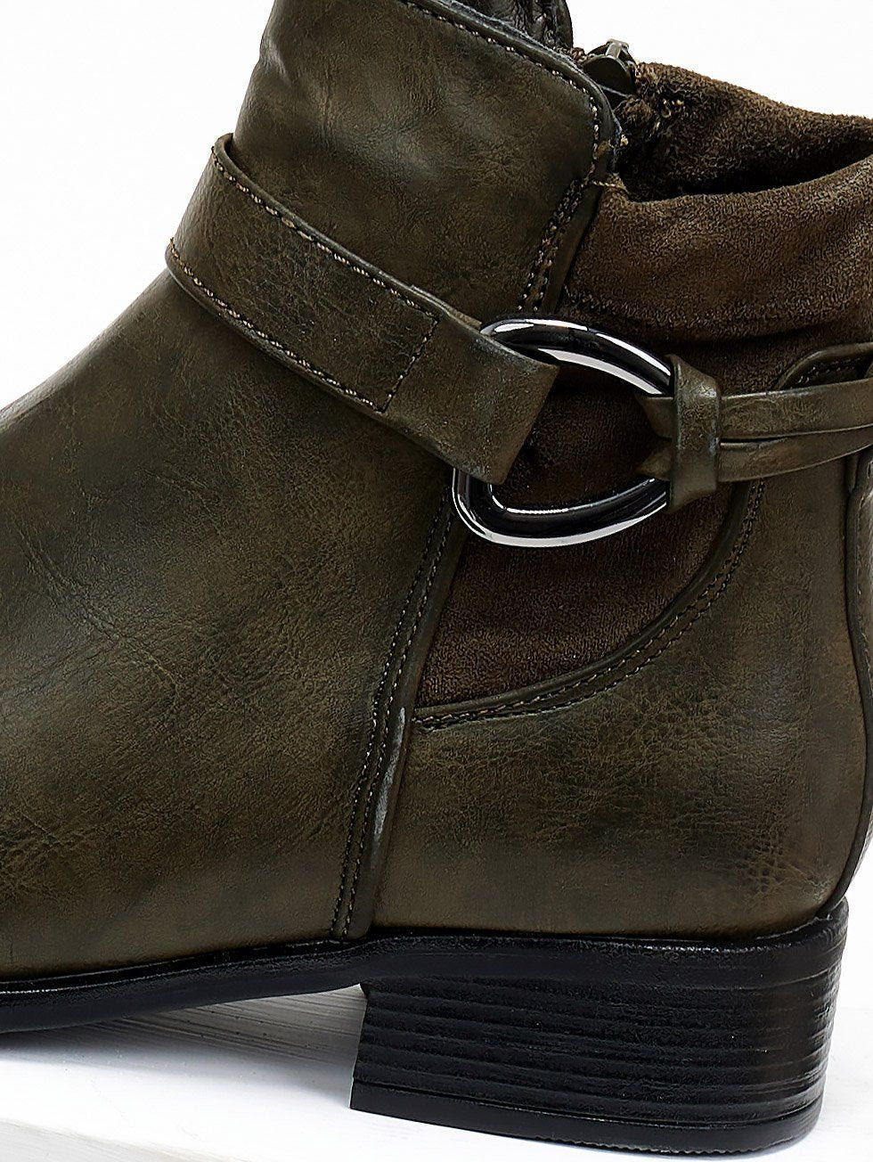 Olive faux leather ankle boot with strap and silver ring buckle, close-up of buckle and suede-look panel detail