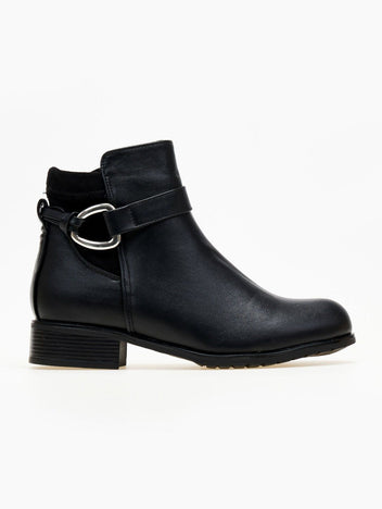 Black faux leather ankle boot with ankle strap, silver ring buckle, knit panel and low block heel, side view