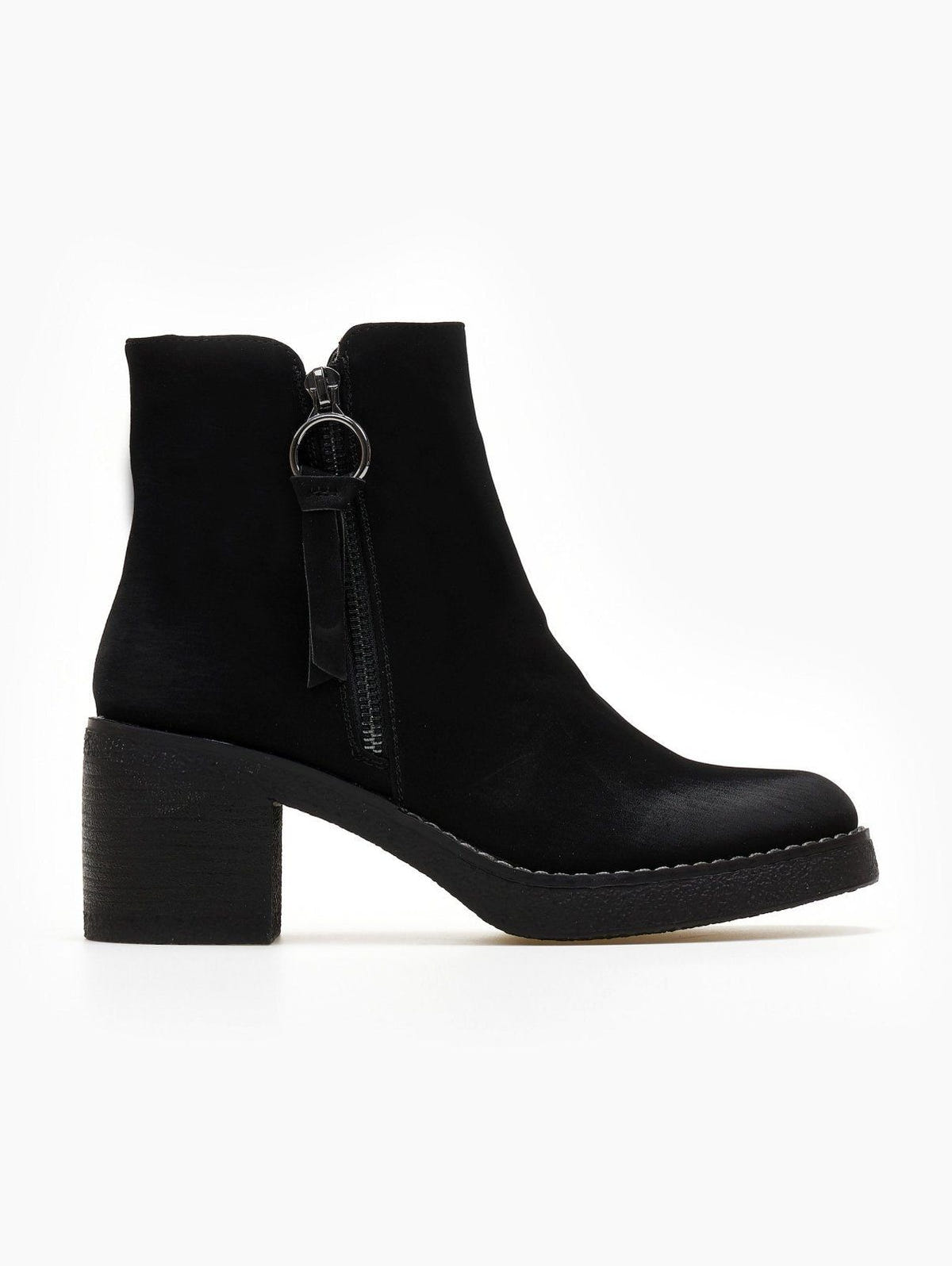 Black nubuck ankle boot with a side zip, ring pull tassel and block heel on a crepe sole, side view