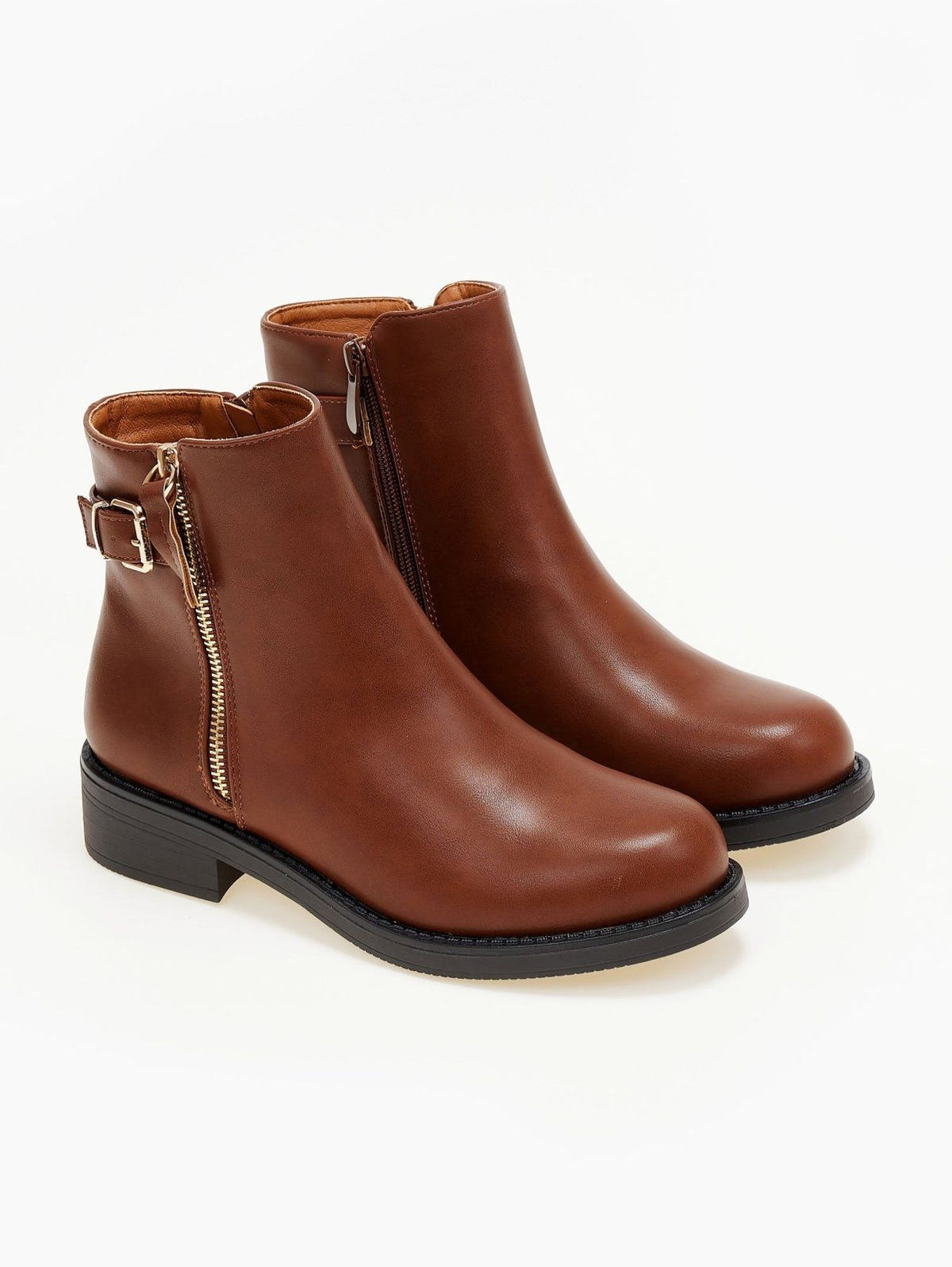 Pair of tan leather-look ankle boots with gold zipper and buckle strap, front three-quarter view