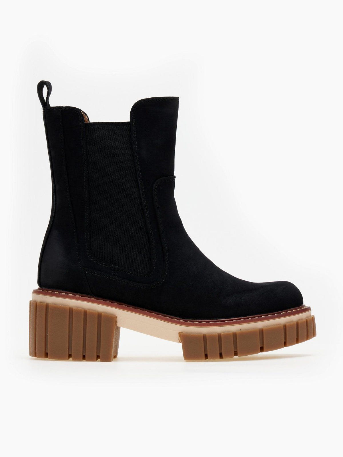 Black suede Chelsea boot with elastic side panel, pull tab and chunky tan lug sole, flat side view on white