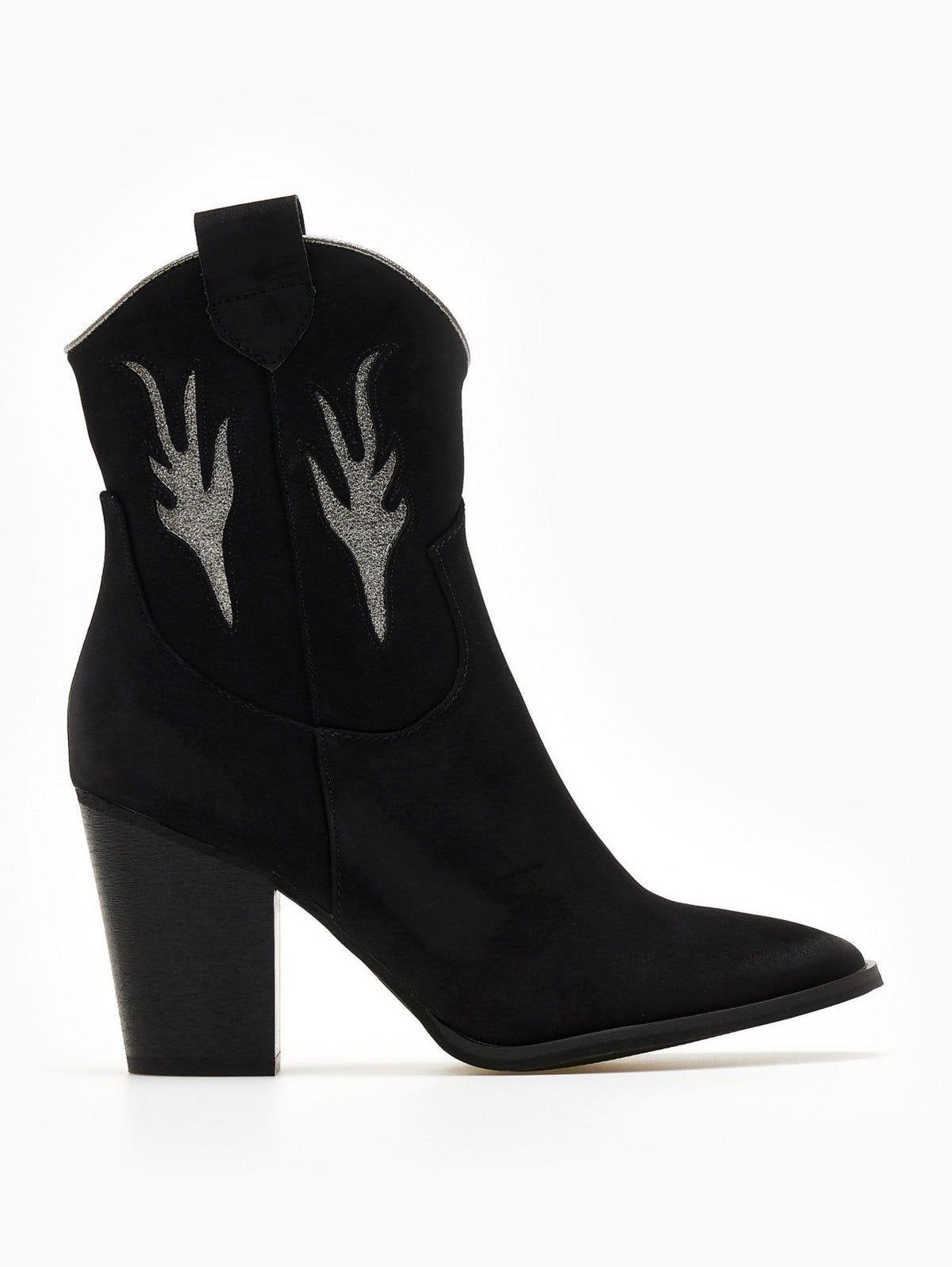 Black suede cowboy ankle boot with silver metallic flame details and block heel, side view
