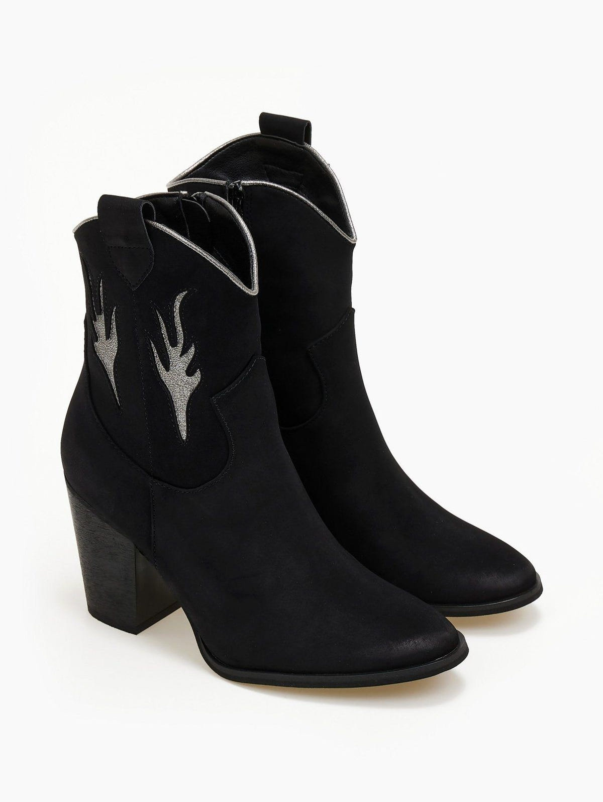 Pair of black suede cowboy ankle boots with silver flames, pointed toe and block heel, front view