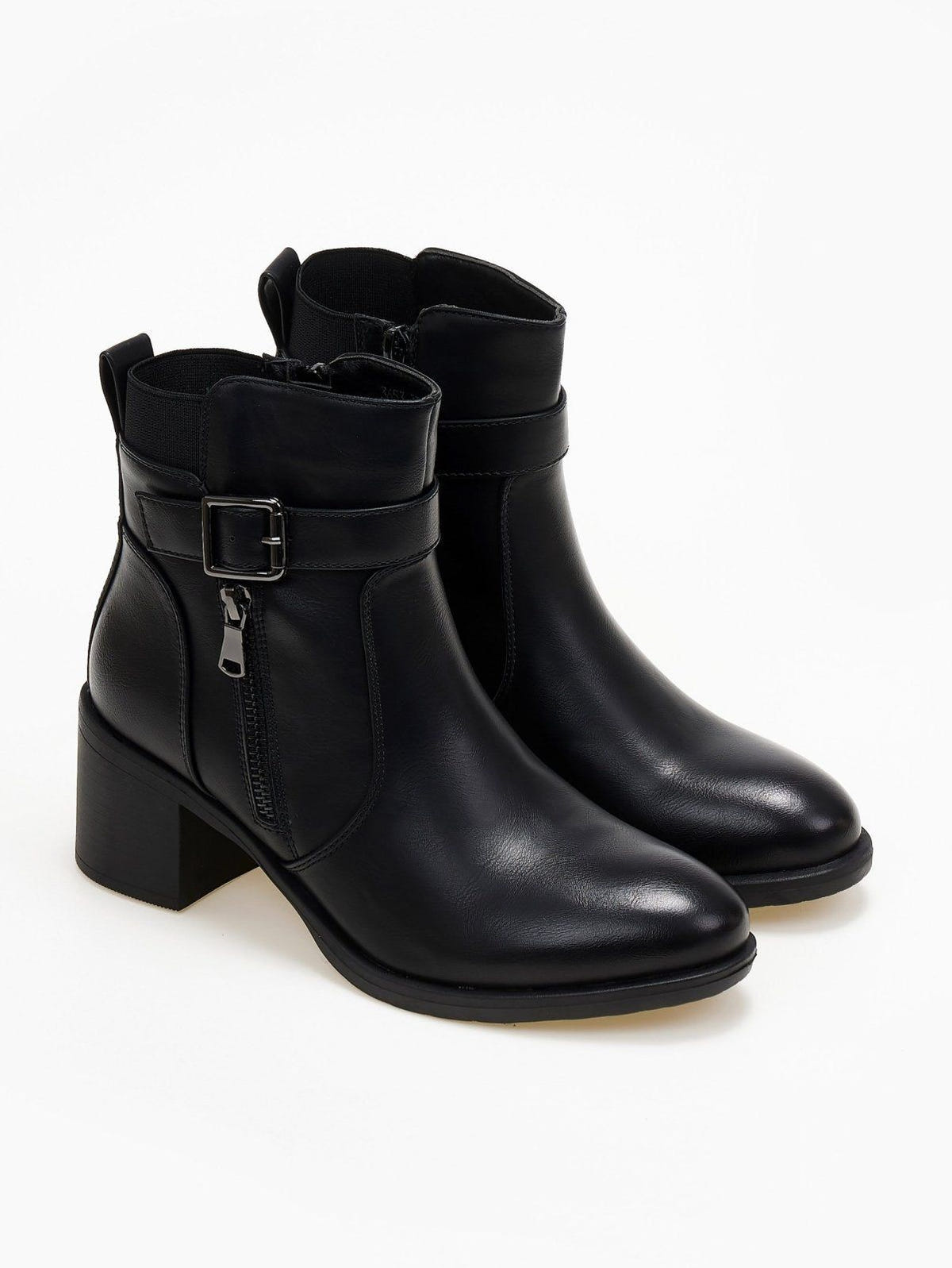 Block heel ankle boots with buckle strap and side zip in black faux leather, three-quarter view of the pair