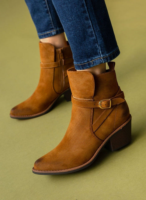 Ankle Boots Wooden Heel - Tan