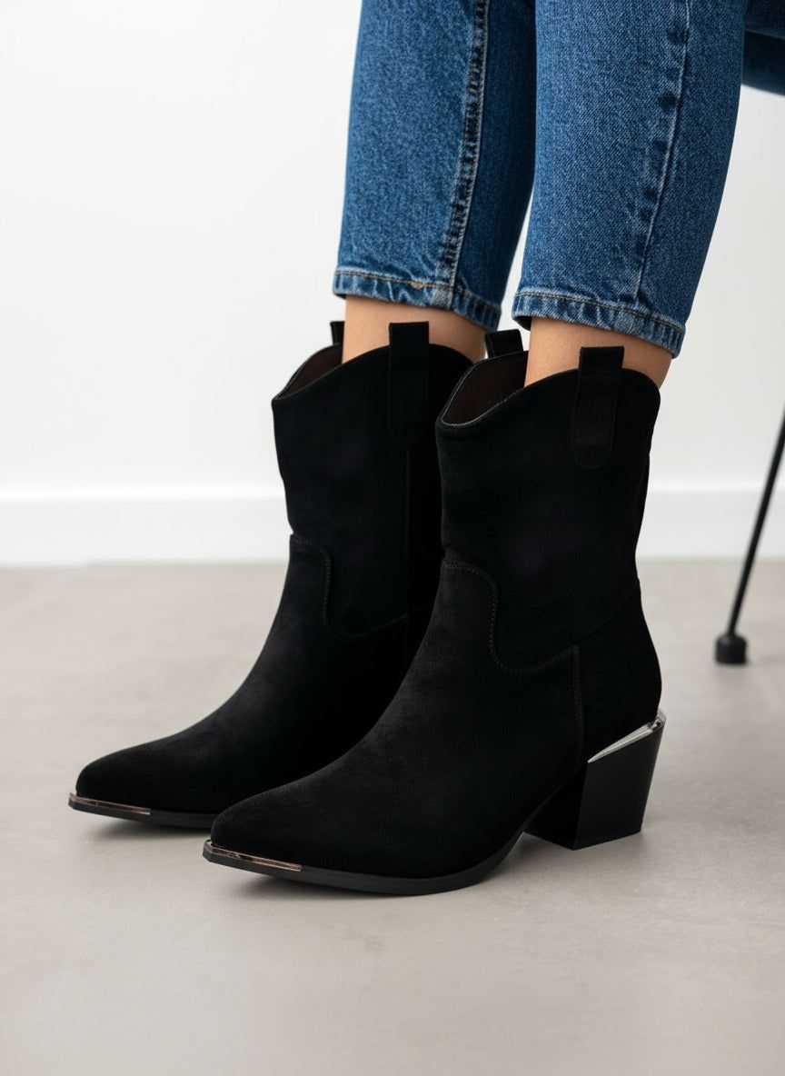 Μποτάκια suede cowboy με μεταλλικά στοιχεία Erynn - Μαύρο - thefashionproject.gr - ERYNN