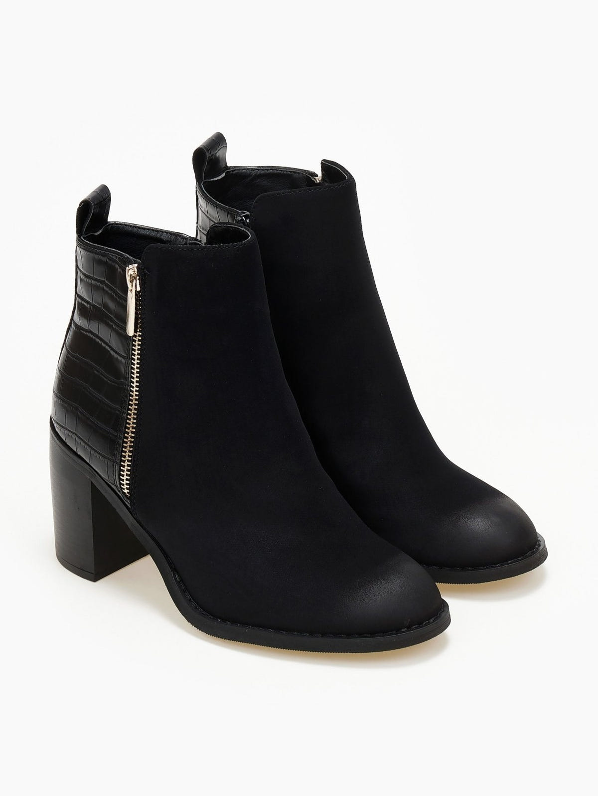 Black suede ankle boots with gold side zip and croc-effect back, block heel, three-quarter view of the pair