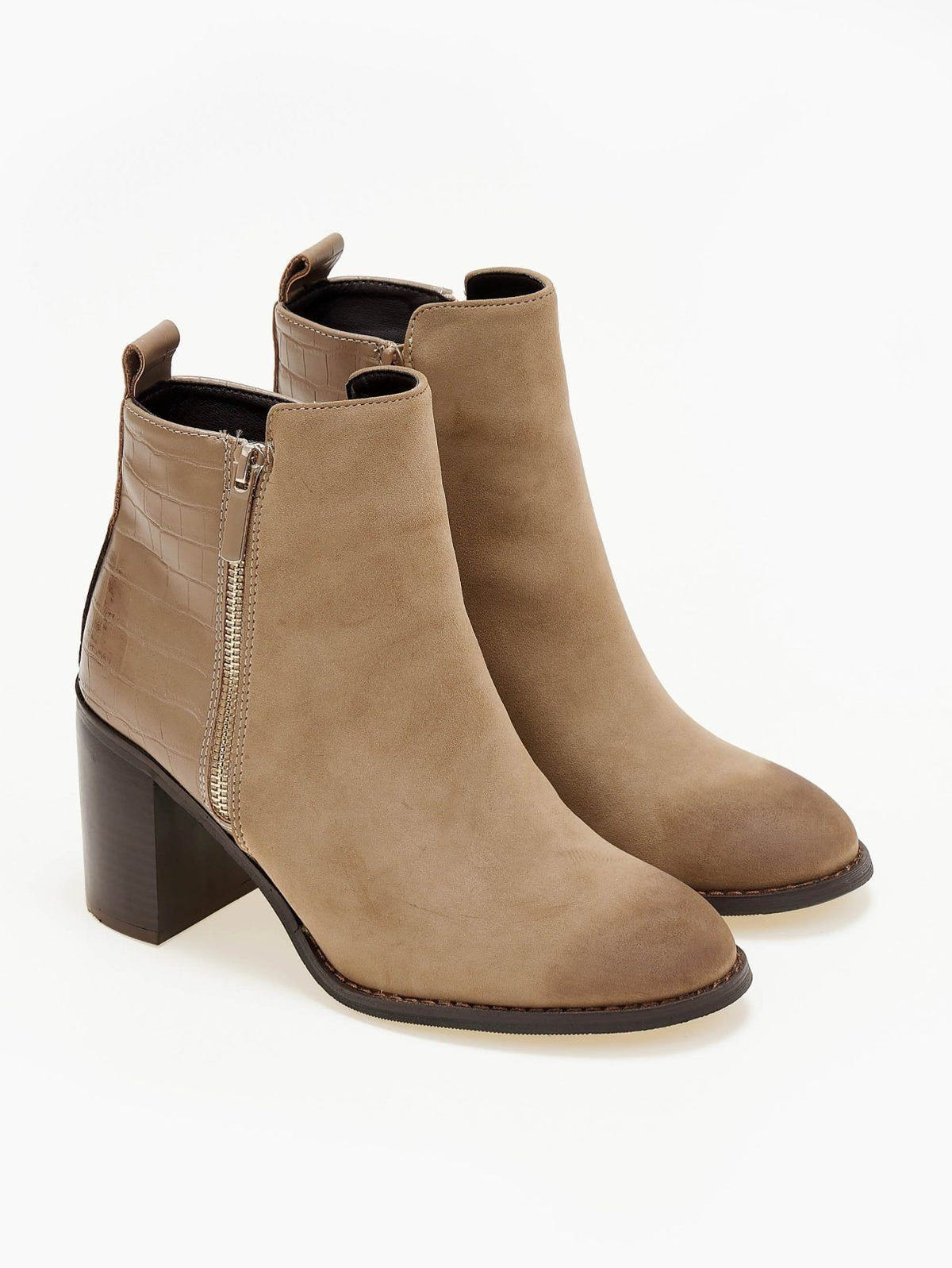 Pair of taupe suede ankle boots with croc-embossed heel panel, side zip and block heel, three-quarter front view