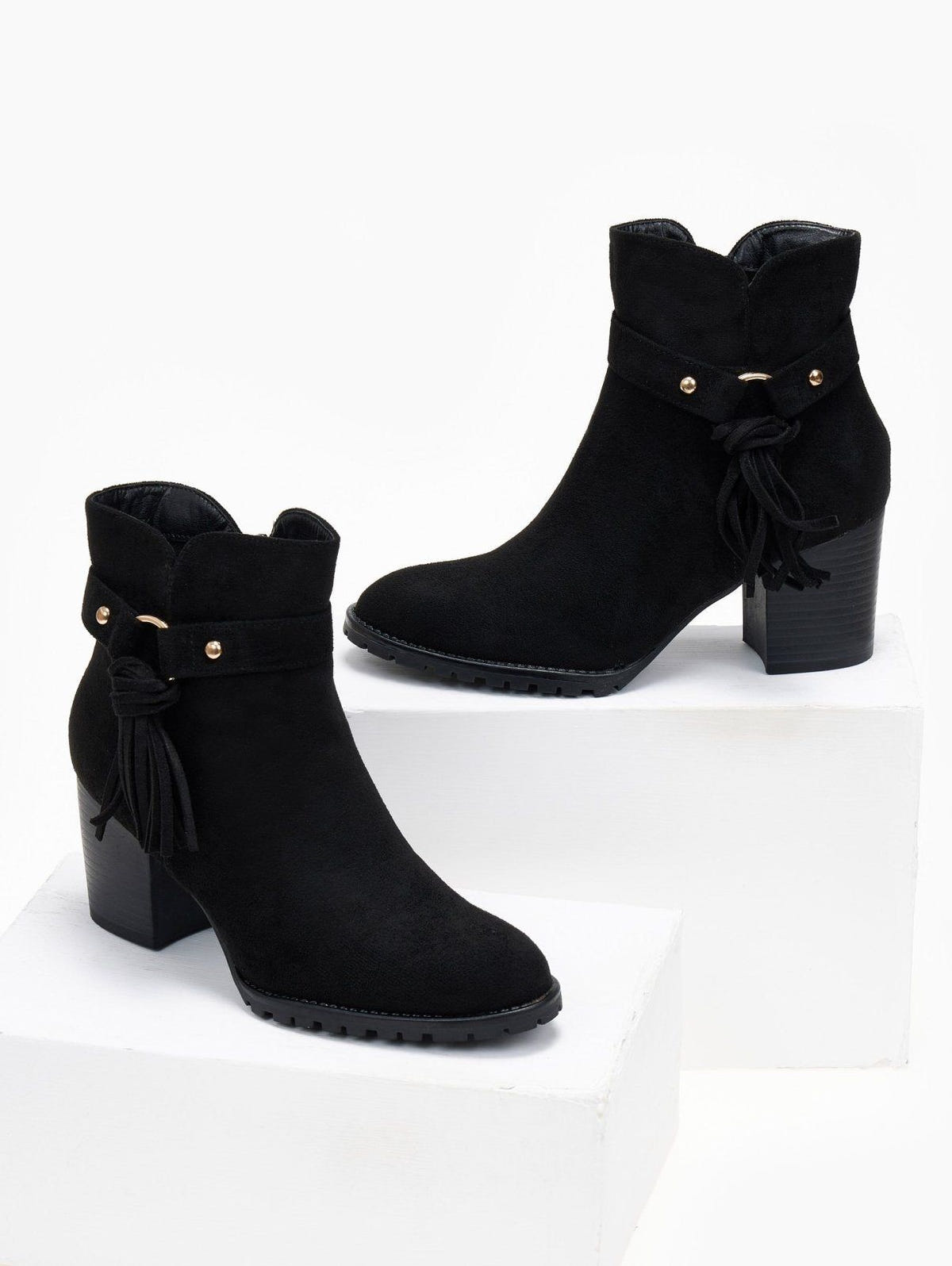 Μποτάκια suede με ζωνάκι και κρόσσια - Μαύρο - thefashionproject.gr - The Fashion Project