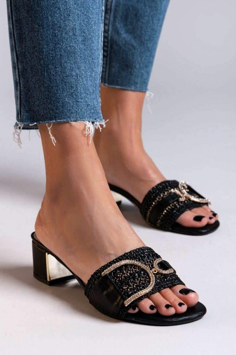 Mules από ψάθα με στρας ERYNN - Μαύρο - thefashionproject.gr - ERYNN