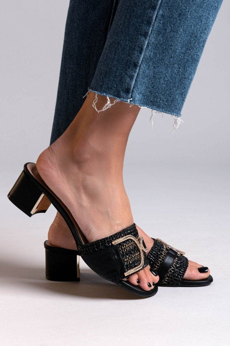 Mules από ψάθα με στρας ERYNN - Μαύρο - thefashionproject.gr - ERYNN