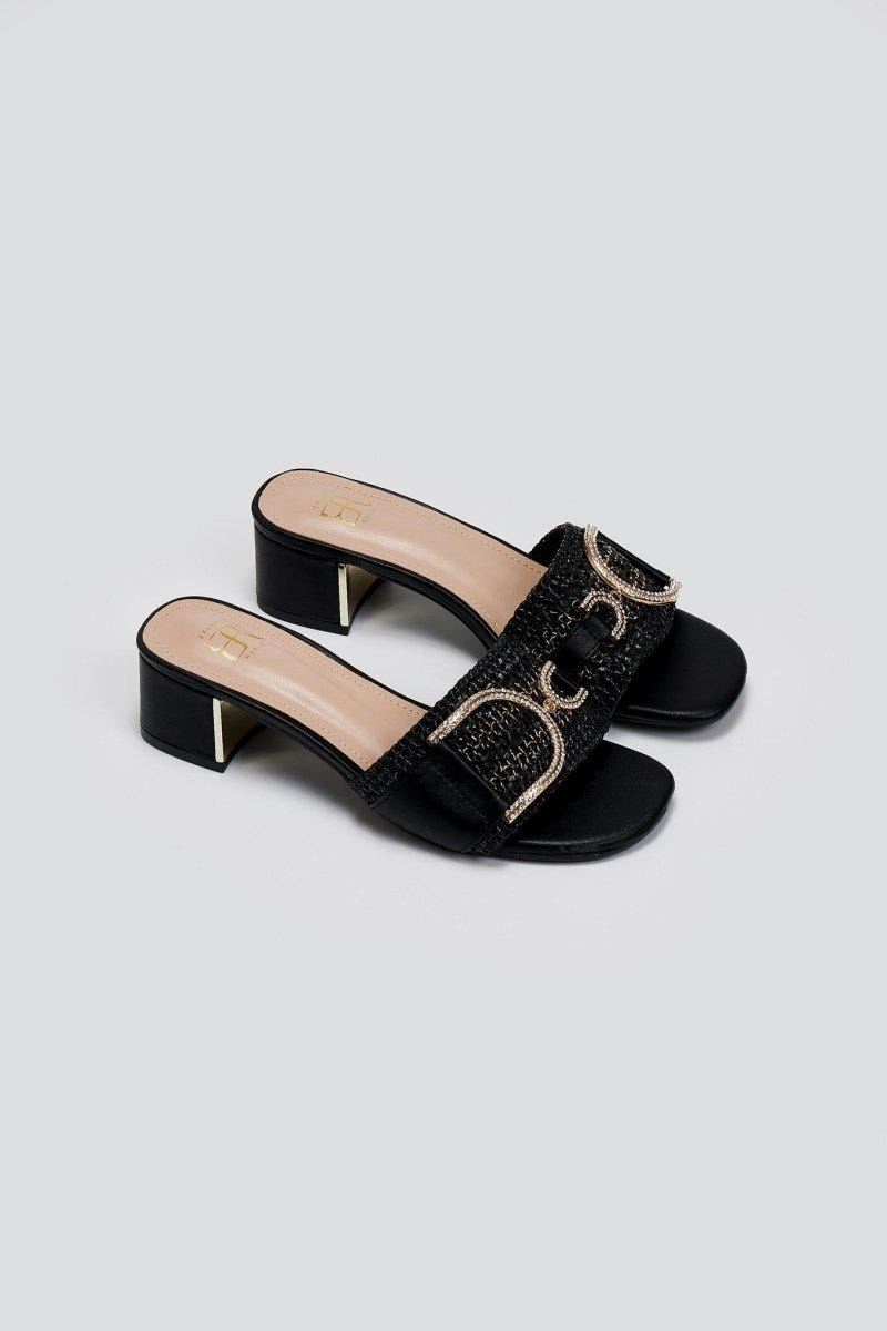 Mules από ψάθα με στρας ERYNN - Μαύρο - thefashionproject.gr - ERYNN