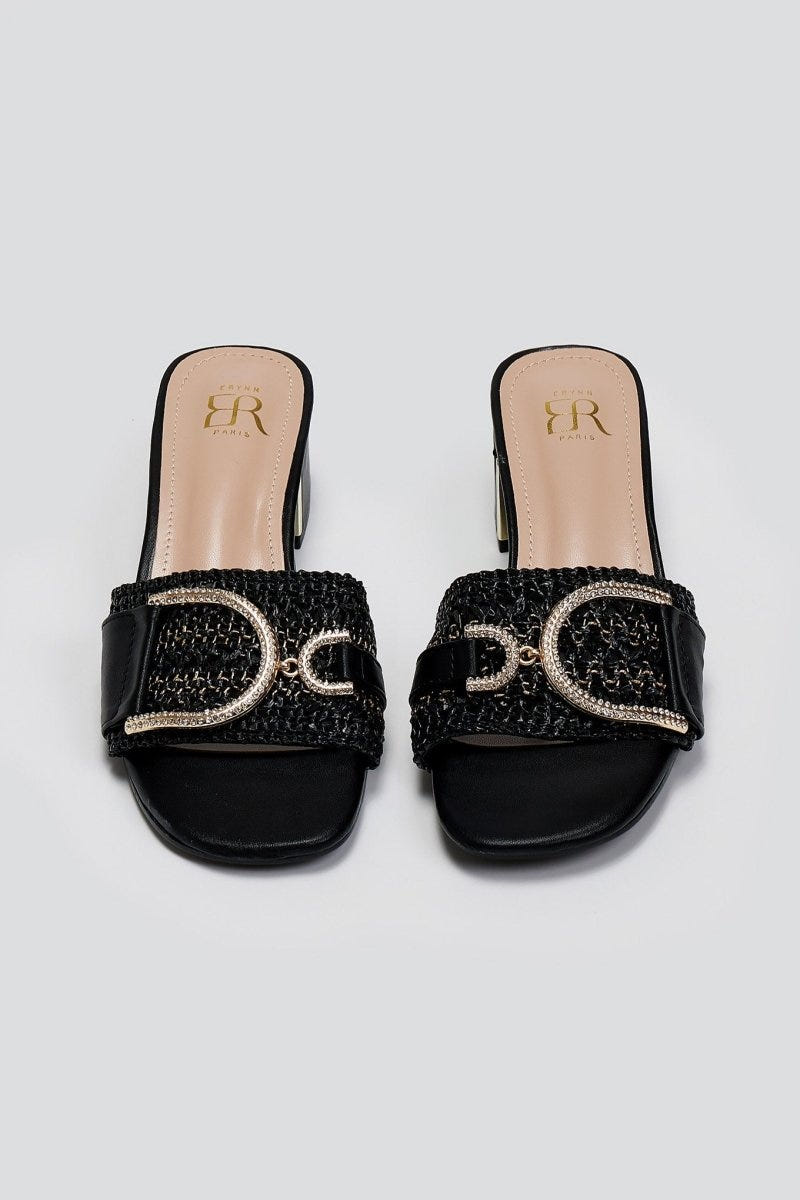 Mules από ψάθα με στρας ERYNN - Μαύρο - thefashionproject.gr - ERYNN