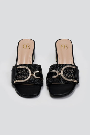 Mules από ψάθα με στρας ERYNN - Μαύρο - thefashionproject.gr - ERYNN