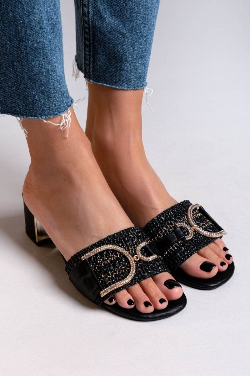Mules από ψάθα με στρας ERYNN - Μαύρο - thefashionproject.gr - ERYNN