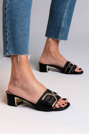 Mules από ψάθα με στρας ERYNN - Μαύρο - thefashionproject.gr - ERYNN